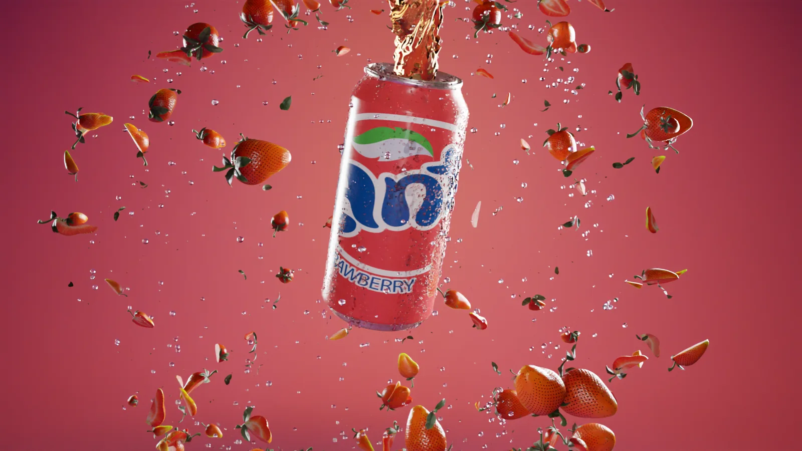 Lattina di bevanda alla fragola che emerge da un’esplosione di elementi 3D